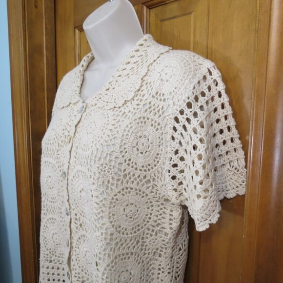 VTG Faith Mountain Cream Crochet Lace Sweater Top Lined Button Short Sleeve L - Picture 3 of 11